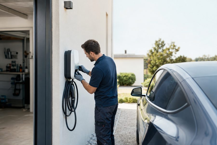 Électricien qui installe une borne de recharge pour voiture électrique à domicile