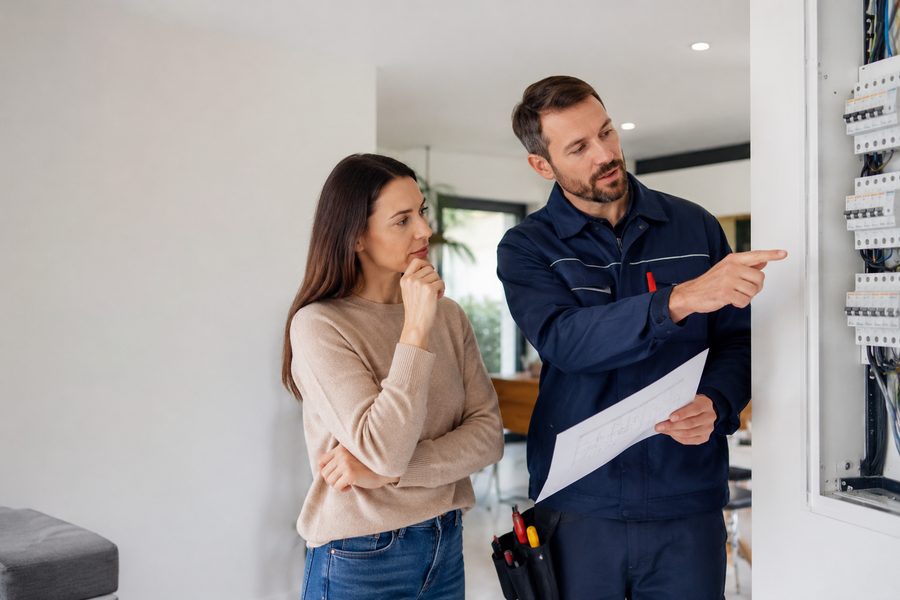 Électricien professionnel qui conseille une cliente devant un tableau électrique