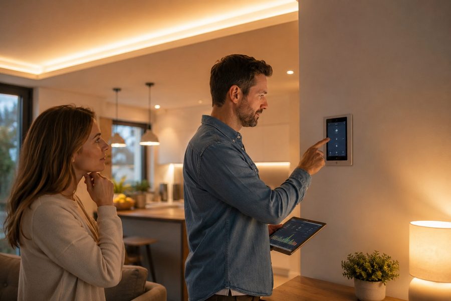 Maison moderne avec éclairage LED et contrôle de consommation électrique